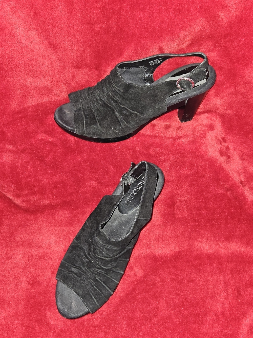 AEROSOLES Black Suede Leather Ruched Peep-Toe Slingback Heels - Size 8.5